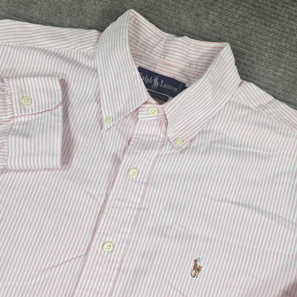 Ralph Lauren Mens 17-35 Pink White Striped Cotton Button Down Oxford Shirt
